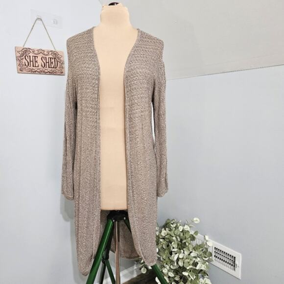 Chico's Cocoon Taupe Marled Open Knit Long Cardigan Duster Sweater Medium - Picture 1 of 10